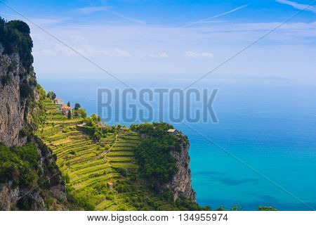 Beautiful Views From Path Of The Gods With Lemon Tree Fields, Amalfi Coast, Campagnia Region, Italy