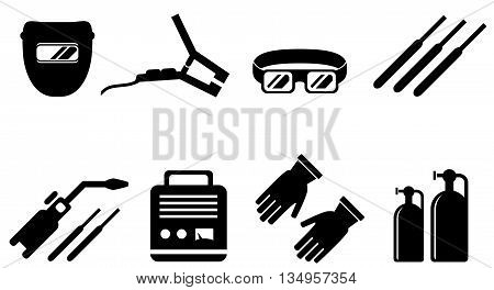 set of black welding equipment isolated icons