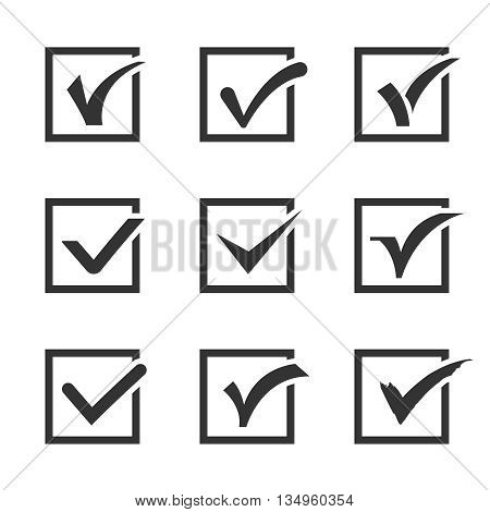 Check marks, ticks in boxes confirmation, positive vector icons. Positive check choice and vote correct positive illustration