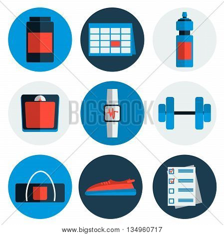 Set of Vector Fitness Aerobics Gym Elements and Fitness Icons. Flat style. Illustration can be used as Logo or Icon in premium quality