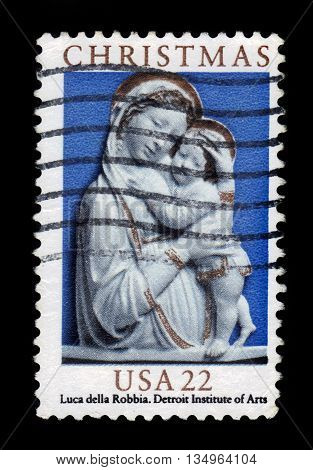 USA - CIRCA 1985: A stamp printed in USA shows Madonna and child by Lucca Della Robbia, Detroit Institute of Arts, christmas, circa 1985