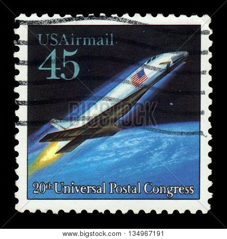 USA - CIRCA 1989: a stamp printed in USA shows spacecraft, future mail transportation, 20th Universal Postal Union Congress, circa 1989;