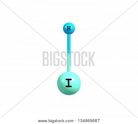 Hydrogen iodide - HI - is a colorless gas that reacts with oxygen to give water and iodine. 3d illustration