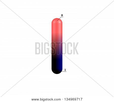 Hydrogen iodide - HI - is a colorless gas that reacts with oxygen to give water and iodine. 3d illustration