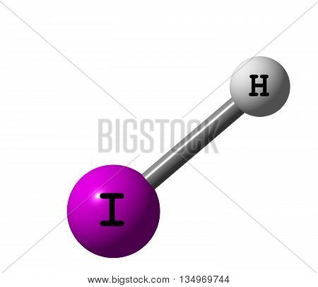 Hydrogen iodide - HI - is a colorless gas that reacts with oxygen to give water and iodine. 3d illustration