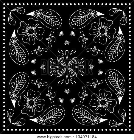 Black And White Abstract Bandana Print With  Element Henna Style. Square Pattern Design For Pillow,