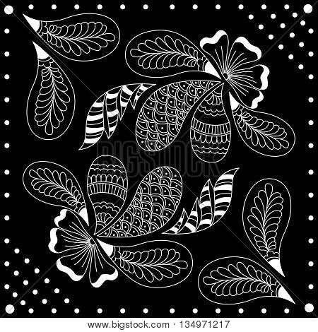 Black And White Abstract Bandana Print With  Element Henna Style. Square Pattern Design For Pillow,