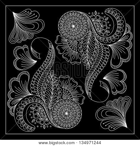 Black And White Abstract Bandana Print With  Fantasy Flower. Square Pattern Design For Pillow, Carpe