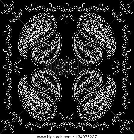 Black And White Abstract Bandana Print With  Element Henna Style. Square Pattern Design For Pillow,