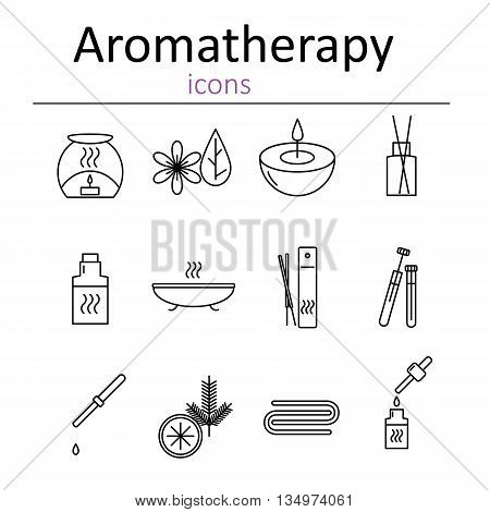Set of web icons for aromatherapy. Oil burner Aromatic sticks aroma oils candles and other accessories for aromatherapy. Vector illustration.