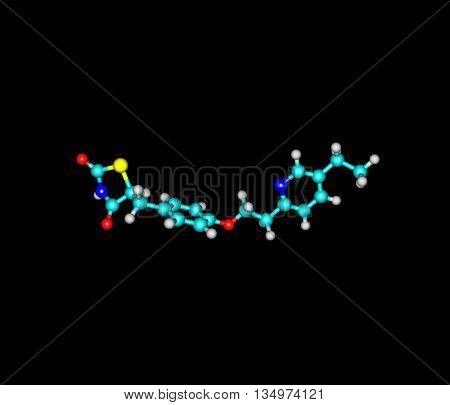 A model of Pioglitazone an antihyperglycemic drug used in the treatment of type 2 diabetes - non-insulin-dependent diabetes. Isolated on black. 3d illustration