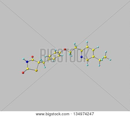 A model of Pioglitazone an antihyperglycemic drug used in the treatment of type 2 diabetes - non-insulin-dependent diabetes. Isolated on grey. 3d illustration
