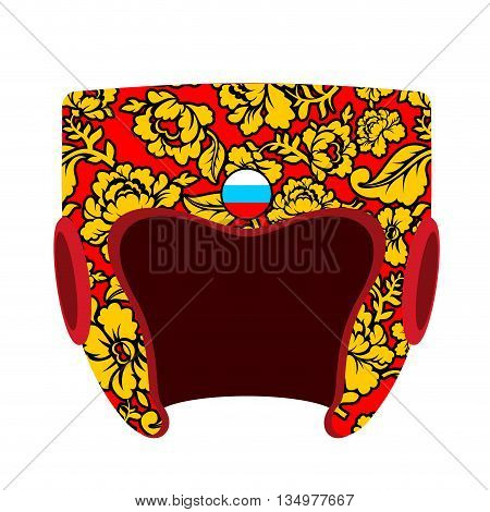 Boxing helmet Russian hohloma style. Patriot boxing accessory. National traditional folk pattern. Golden flowers on red background