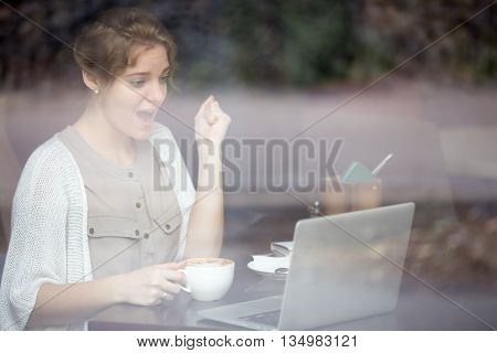 Portrait Of Euphoric Woman Looking At Her Laptop