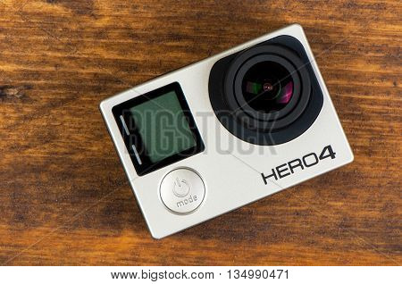 NOVI SAD SERBIA - JUNE 19 2016: GoPro Hero 4 Black waterproof action camera announced in september 2014 illustrative editorial