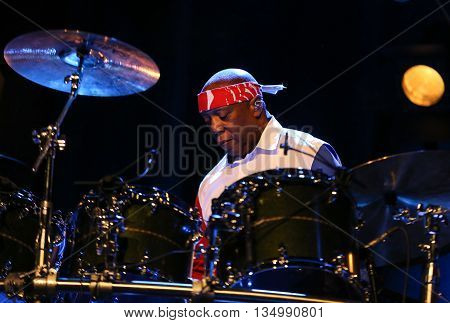 CRACOW POLAND - MARCH 16 2016: Famous American drummer Billy Cobham live on stage in ICE Cracow Poland