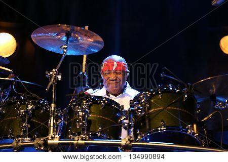 CRACOW POLAND - MARCH 16 2016: Famous American drummer Billy Cobham live on stage in ICE Cracow Poland