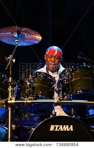 CRACOW POLAND - MARCH 16 2016: Famous American drummer Billy Cobham live on stage in ICE Cracow Poland