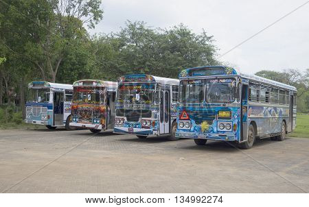 ANURADHAPURA SRI LANKA - MARCH 13, 2015: Tourist buses Lanka Ashok Leyland. Intercity buses are at the station waiting for passengers, Sri Lanka