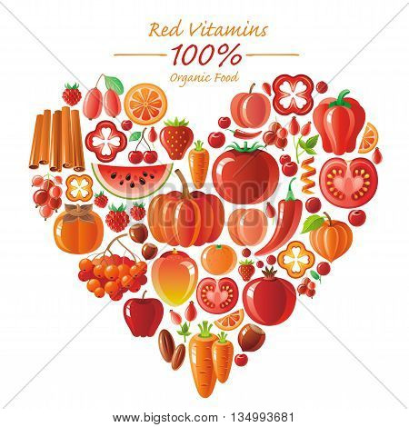 Vegetarian food icon set with organic fruits and vegetables on white background. Red and orange icons collection. Tomato cion, pumpkin, chili pepper icon, apple fruit, watermelon, mango fruit, berries