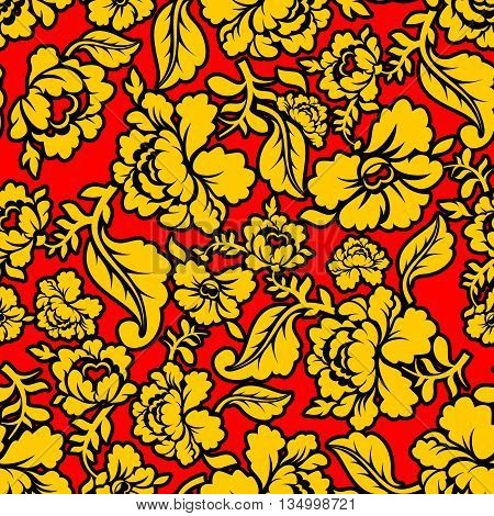 Russian National Pattern Hohloma. Traditional Folk Ornament In Russia. Yellow Flowers On Red Backgro
