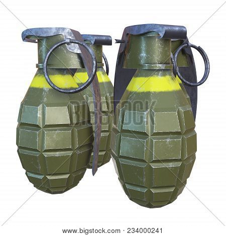 Hand Bombs Frag Grenade Green Metal With Scratches And Round Pin Over. 3d Render Isolated On White.