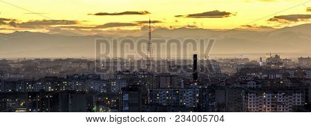 Night Aerial View Of Ivano-frankivsk City, Ukraine. Scene Of Modern Night City With Bright Lights Of
