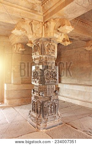 Decorative Pillars From Black Basalt In Mandappa Or Hall. Hazara Rama Temple Hampi, Karnataka. Stone