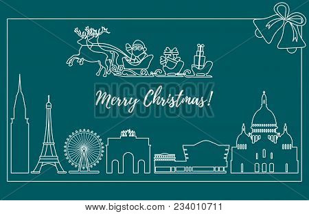 Santa Claus With Christmas Presents In Sleigh With Reindeers Over Famous Buildings And Constructions
