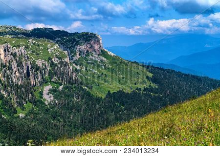 Landscape Of Subalpine Mountain Meadow And Forest In Caucasus, Russia