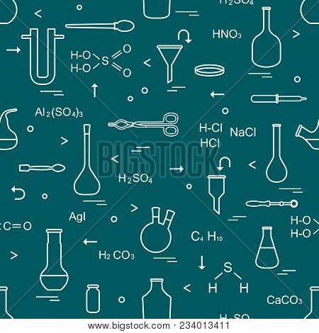 Pattern With Chemical, Biological, Scientific, Education And Research Elements: Flasks, Formulas, Be