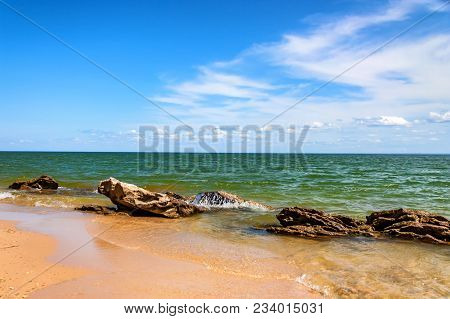 Beautiful View Of Sandy Beach And The High Bank Of The Tsimlyansk Reservoir In Russia On Sunny Day