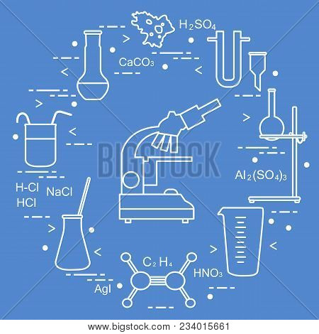 Chemistry Scientific, Education Elements: Microscope, Flasks, Tripod, Formulas, Beaker, Amoeba, Meas