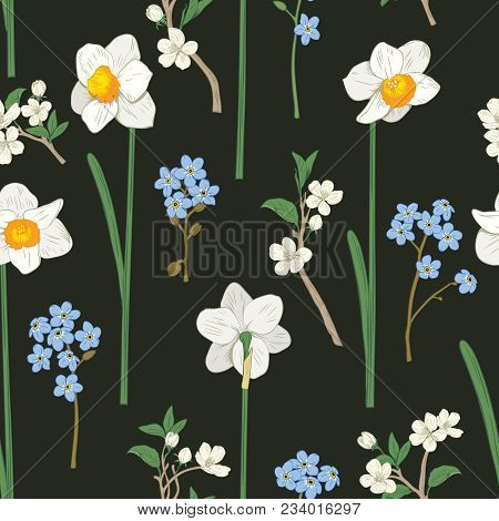 Floral Seamless Pattern. Daffodils, Forget Me Not Flowers And Sakura. Vector Illustration.