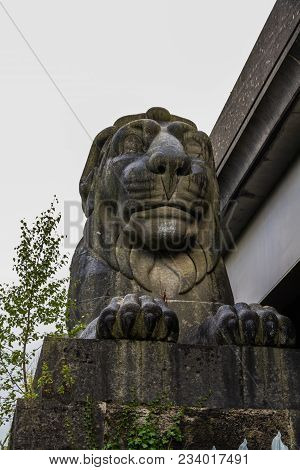Hidden Statue Of Lion, Part Of The Britannia Bridge, Between Anglesey And Gwynedd, Wales, United Kin