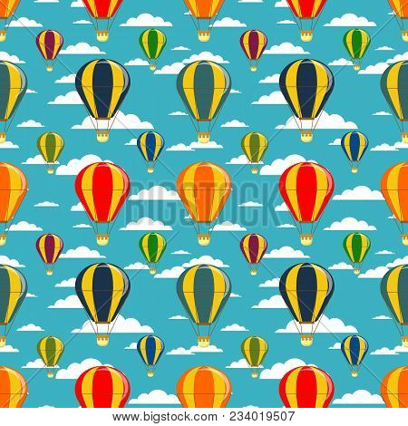 Different Colorful Air Balloons Seamless Pattern. Stock Flat Vector Illustration.