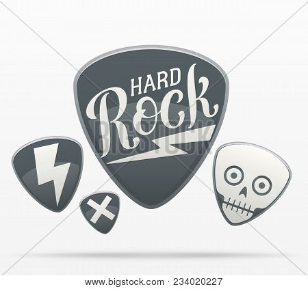 Set Of Guitar Picks Designs. One Pick Is Decorated With A Hard Rock Lettering, The Other - With A St