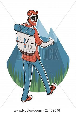 Vector Illustration Of A Male Tourist With A Thumbs Up Going Trekking. Eps10 Vector Image. Young Man