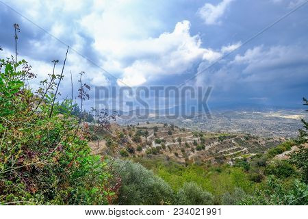 Aerial View Across Rural Countryside In The Wine Growing Region Of Cyprus.  Stormy Day Shot Taken In