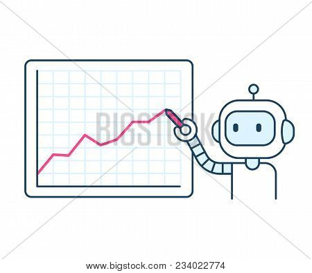 Cute Cartoon Robot Drawing Line Chart. Stock Market Trading Or Business Analytics Presentation. Flat
