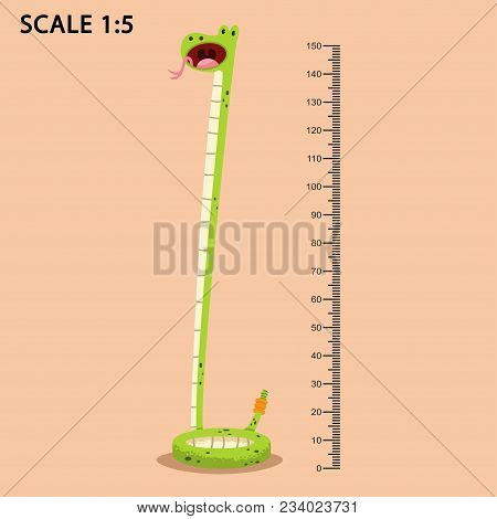Kids Meter Wall With A Cute Smiling Cartoon Dinosaur And Measuring Ruler. Vector Illustration Of An 