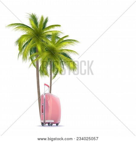 Brght Colorful Vector Illustration With Palm And Pink Suitcase. Vacation Concept Background