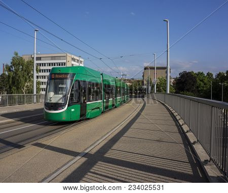 Basel, Switzerland - June 06  2017:  Tram In Basel. Switzerland. Europe.