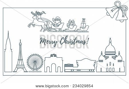 Santa Claus With Christmas Presents In Sleigh With Reindeers Over Famous Buildings And Constructions