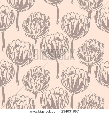 Protea Flower Simple Seamless Vector Pattern. Pastel Color Floral Background.