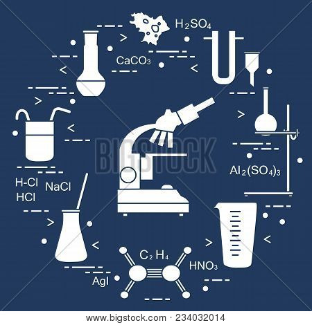 Chemistry Scientific, Education Elements: Microscope, Flasks, Tripod, Formulas, Beaker, Amoeba, Meas