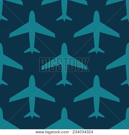 Airplane, Vector Seamless Pattern, Blue On Dark Blue . Editable Can Be Used For Web Page Backgrounds