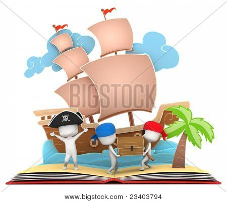 3D-Illustration Pirat Kinder tragen eine Schatztruhe auf Popup-Buch