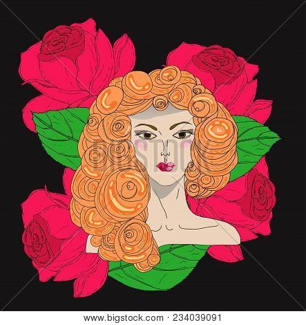 Portrait Of Pretty Young Redheared Woman With Long Beautiful Hair. Vector Illustration