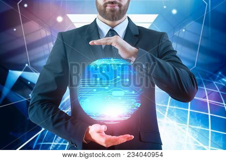 Businessman Holding Abstract Circuit Globe On Blurry City Background. Global Business Concept. Doubl